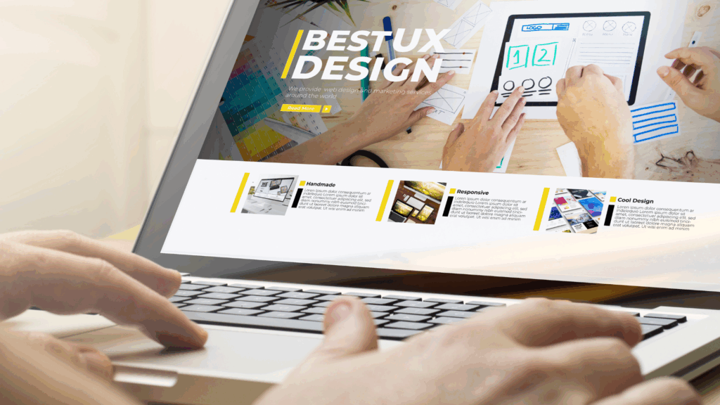 A person on a laptop with a webpage on the screen titled "Best UX Design". Graphic design of drawn out pictures, logo, and texts are on the screen.