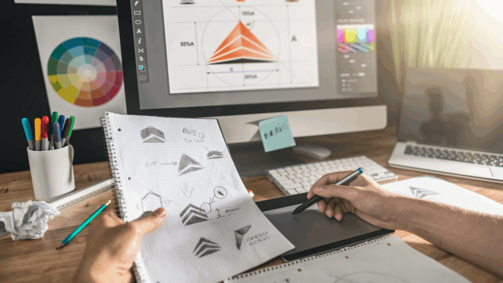 A designer sketching a pyramid logo on a notepad while also working on a computer and a graphics tablet.