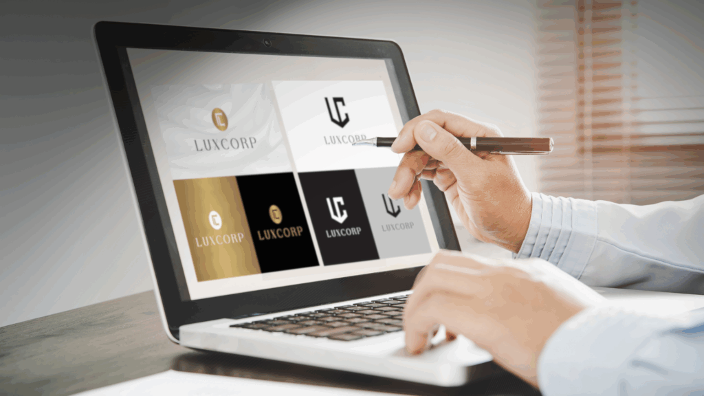 A graphic designer pointing at different logo variations for a brand called Luxcorp on a laptop screen.
