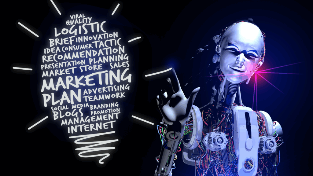 A 3D rendering of an android or robot with exposed wires and internal components, extending its hand toward the viewer in a dark, blue and purple-lit setting. To the left, a glowing light bulb outline contains a word cloud of marketing terms.