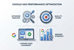 A professional, high-quality, modern infographic representing Google Ads performance optimization. The visual includes four clean, interconnected sections or icons: a magnifying glass for keyword analysis, a target with a 10/10 score for Quality Score, a laptop screen showing a perfectly matched ad and webpage for landing page alignment, and a stylized bar chart with a gear for bidding strategy. The design uses a clean, corporate color palette of blues, grays, and accents of Google-branded colors (blue, red, yellow, green) with a minimalist aesthetic.