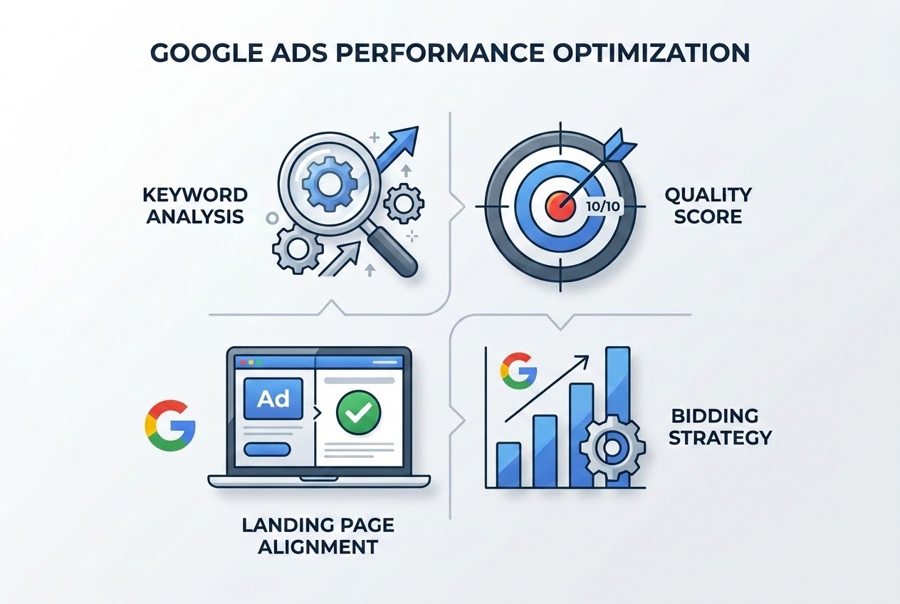 A professional, high-quality, modern infographic representing Google Ads performance optimization. The visual includes four clean, interconnected sections or icons: a magnifying glass for keyword analysis, a target with a 10/10 score for Quality Score, a laptop screen showing a perfectly matched ad and webpage for landing page alignment, and a stylized bar chart with a gear for bidding strategy. The design uses a clean, corporate color palette of blues, grays, and accents of Google-branded colors (blue, red, yellow, green) with a minimalist aesthetic.